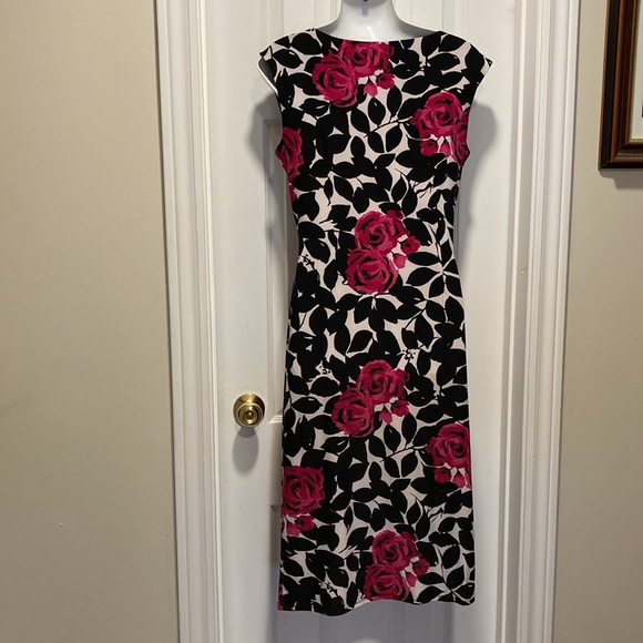 Precis Black Fuchsia White Cap Sleeve Ruched Boat Neck Midi Length Dress - Sz 10 - Picture 12 of 13